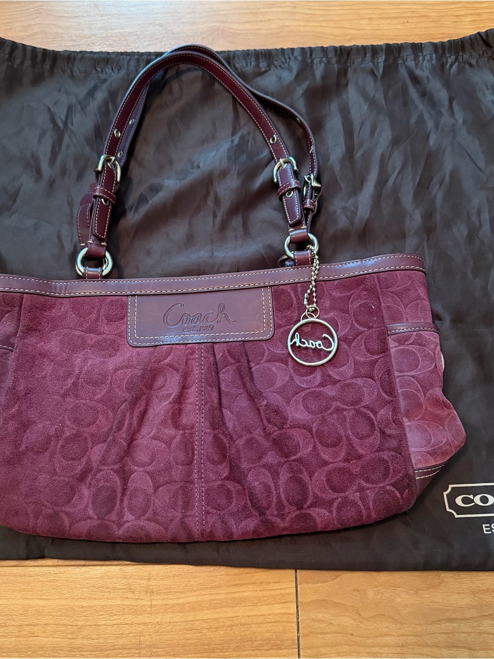 Coach Suede Signature Shoulder Bag in Burgundy